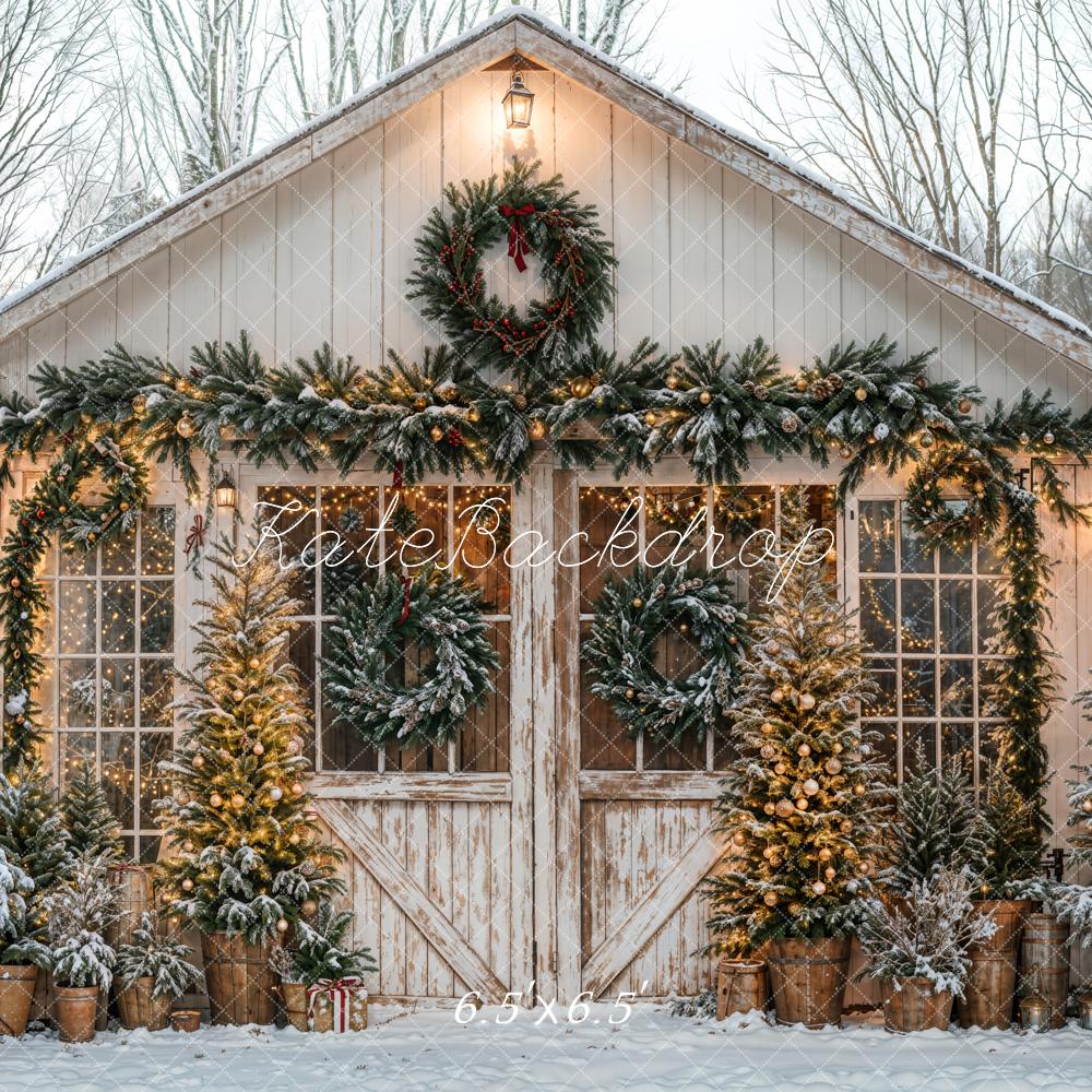 Kate Noël Chalet Rustique Neige Sapins Toile de fond conçue par Emetselch