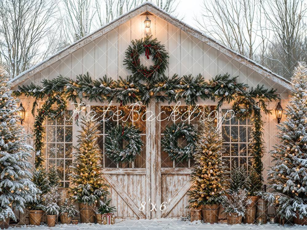 Kate Noël Chalet Rustique Neige Sapins Toile de fond conçue par Emetselch - Kate Backdrop FR