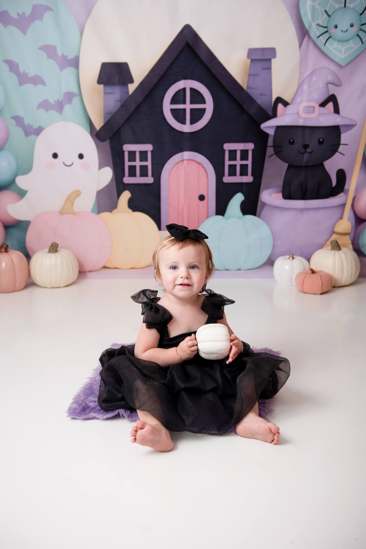 Kate Halloween Maison Chat Fantôme Ballons Toile de fond conçue par Mini MakeBelieve - Kate Backdrop FR