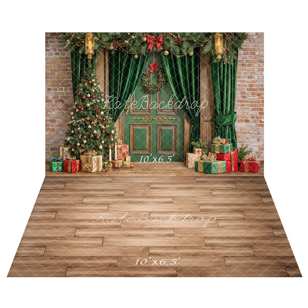Kate Noël Porte Cadeaux Rideaux Vert Toile de fond+Brun clair Sol en bois Toile de fond