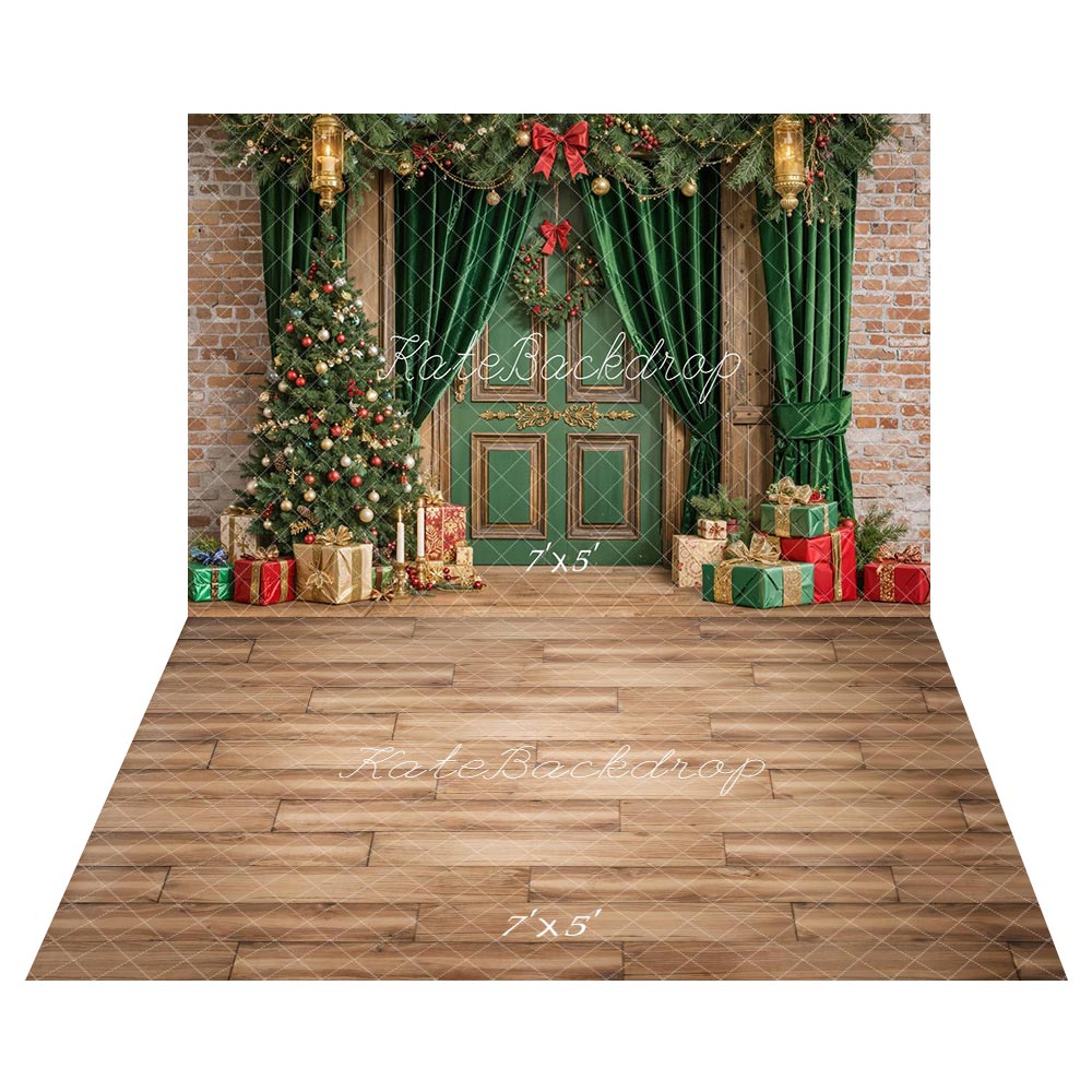Kate Noël Porte Cadeaux Rideaux Vert Toile de fond+Brun clair Sol en bois Toile de fond