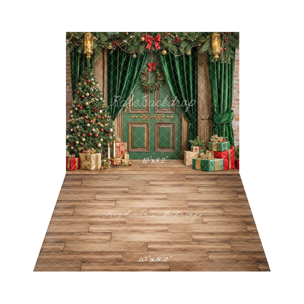 Kate Noël Porte Cadeaux Rideaux Vert Toile de fond+Brun clair Sol en bois Toile de fond