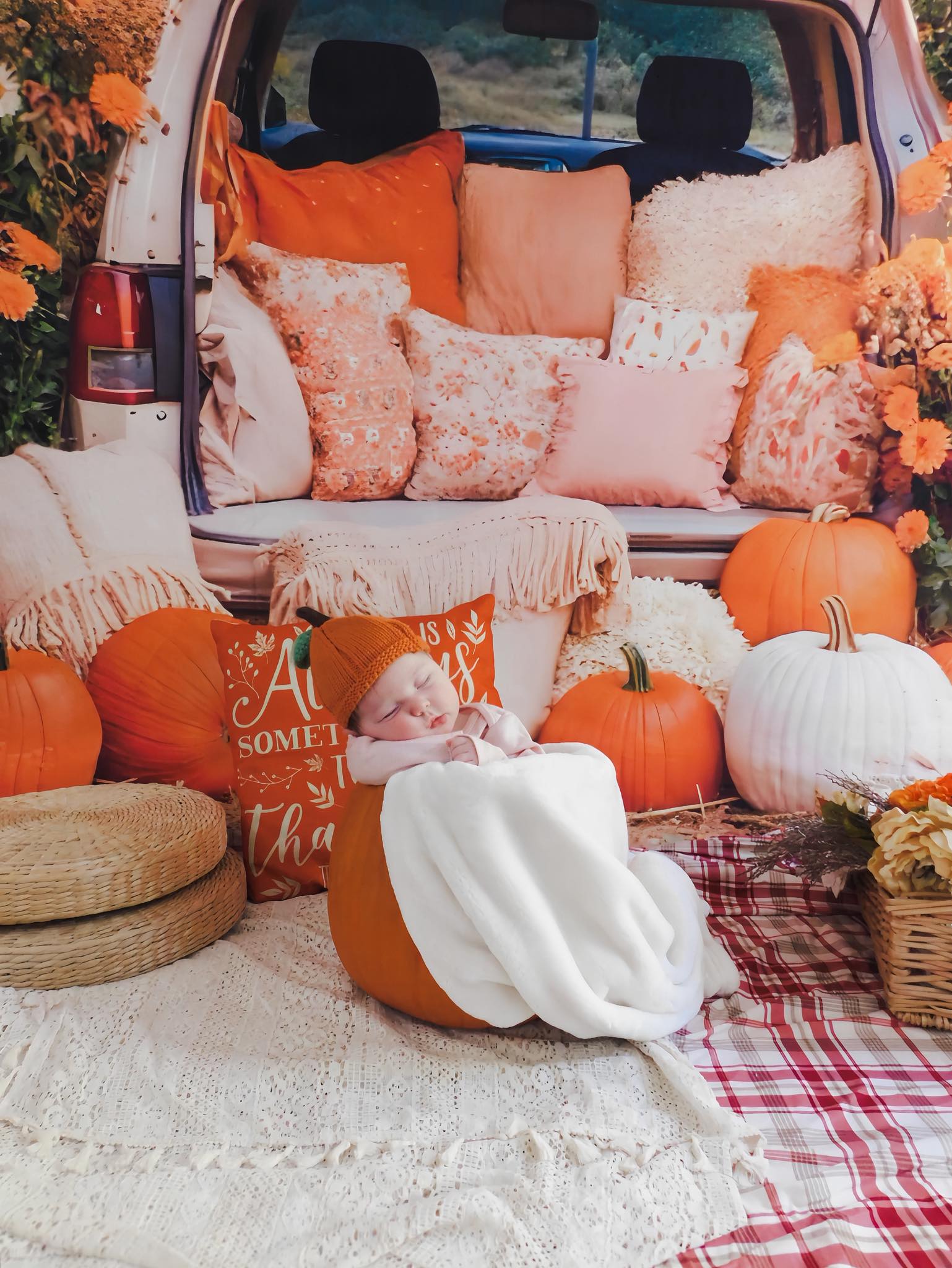 Kate Automne Citrouilles Fleurs Foin Voiture Toile de fond conçue par Emetselch - Kate Backdrop FR