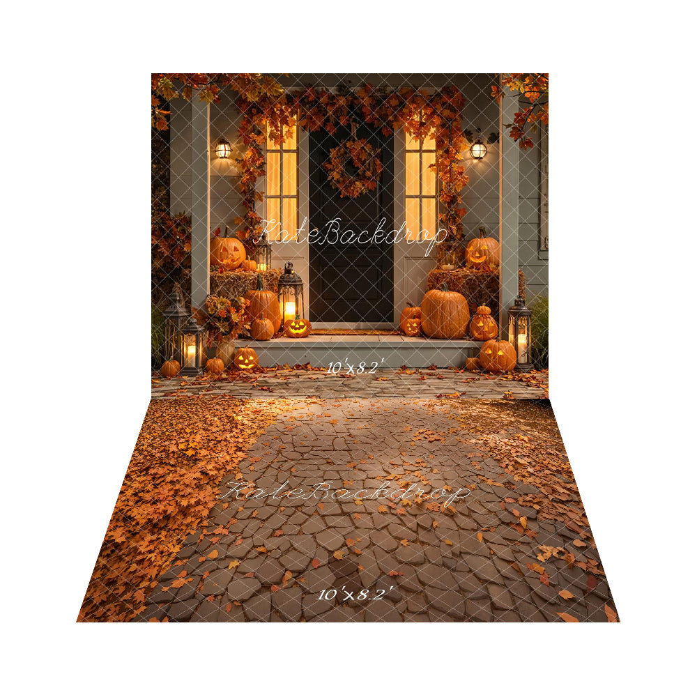 Kate Halloween Citrouilles Feuilles Maison Toile de fond+Automne Pierre Feuilles Sol Toile de fond