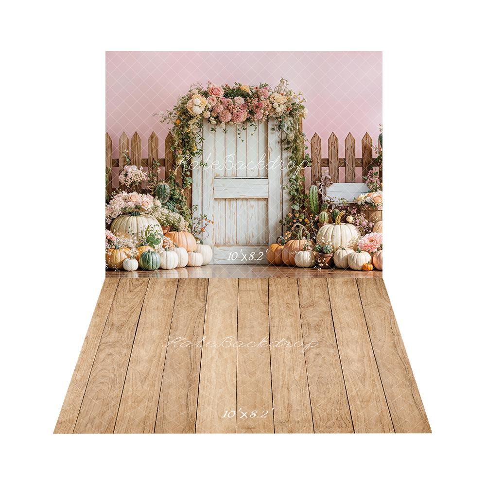 Kate Automne Citrouilles Fleurs Porte Toile de fond+Brun clair Sol en bois Toile de fond