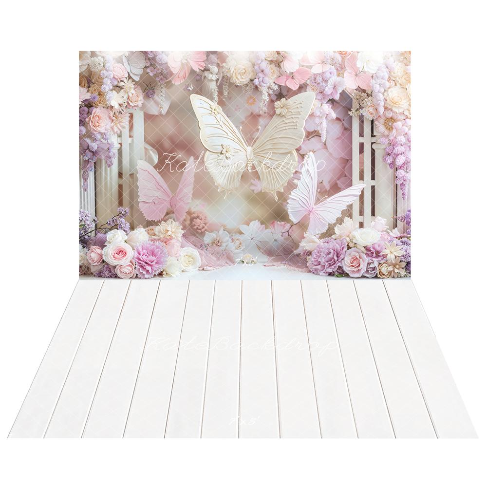 Kate Anniversaire Papillons Fleurs Toile de fond+Blanc Plancher en Bois Sol Toile de fond