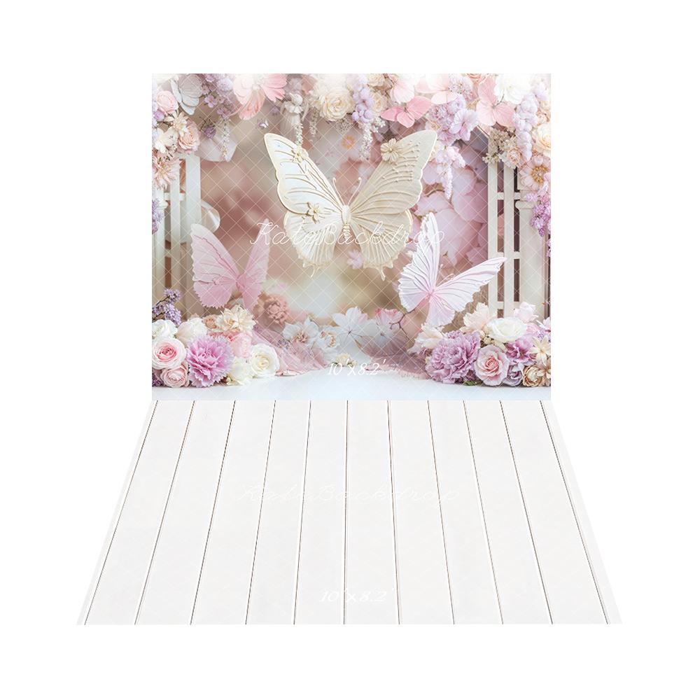 Kate Anniversaire Papillons Fleurs Toile de fond+Blanc Plancher en Bois Sol Toile de fond