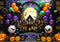 Kate Halloween Lune Maison hantée Ballons Toile de fond conçue par Mini MakeBelieve - Kate Backdrop FR