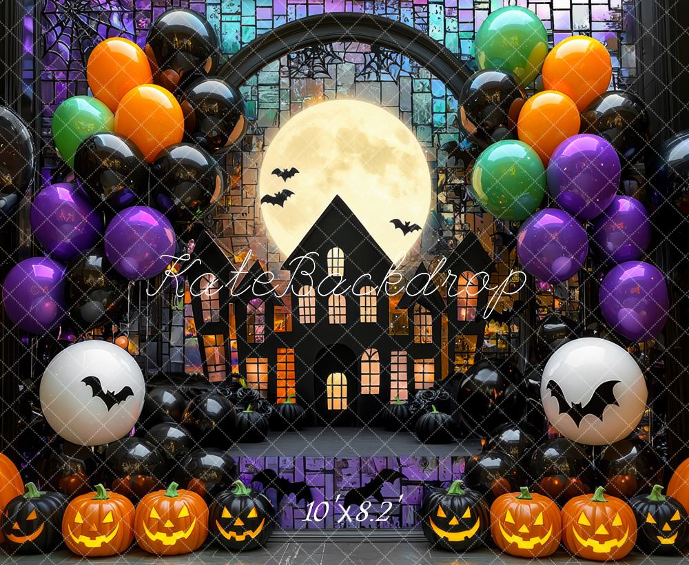 Kate Halloween Lune Maison hantée Ballons Toile de fond conçue par Mini MakeBelieve - Kate Backdrop FR
