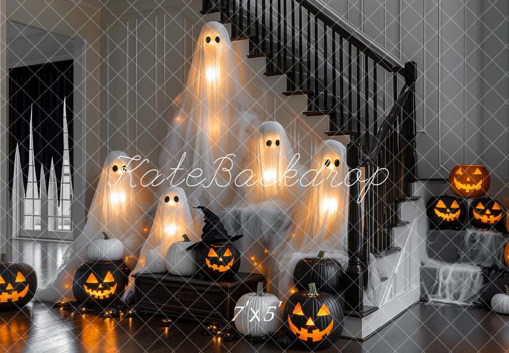 Kate Halloween Fantômes Citrouilles Escaliers Toile de fond conçue par Mini MakeBelieve - Kate Backdrop FR