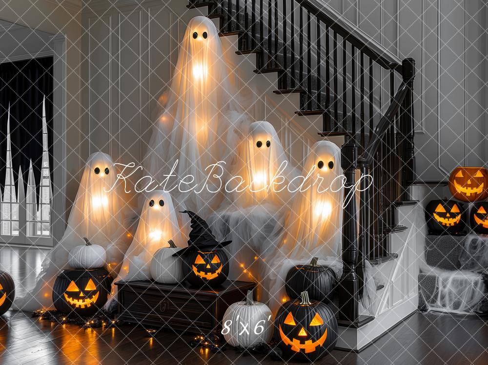 Kate Halloween Fantômes Citrouilles Escaliers Toile de fond conçue par Mini MakeBelieve - Kate Backdrop FR