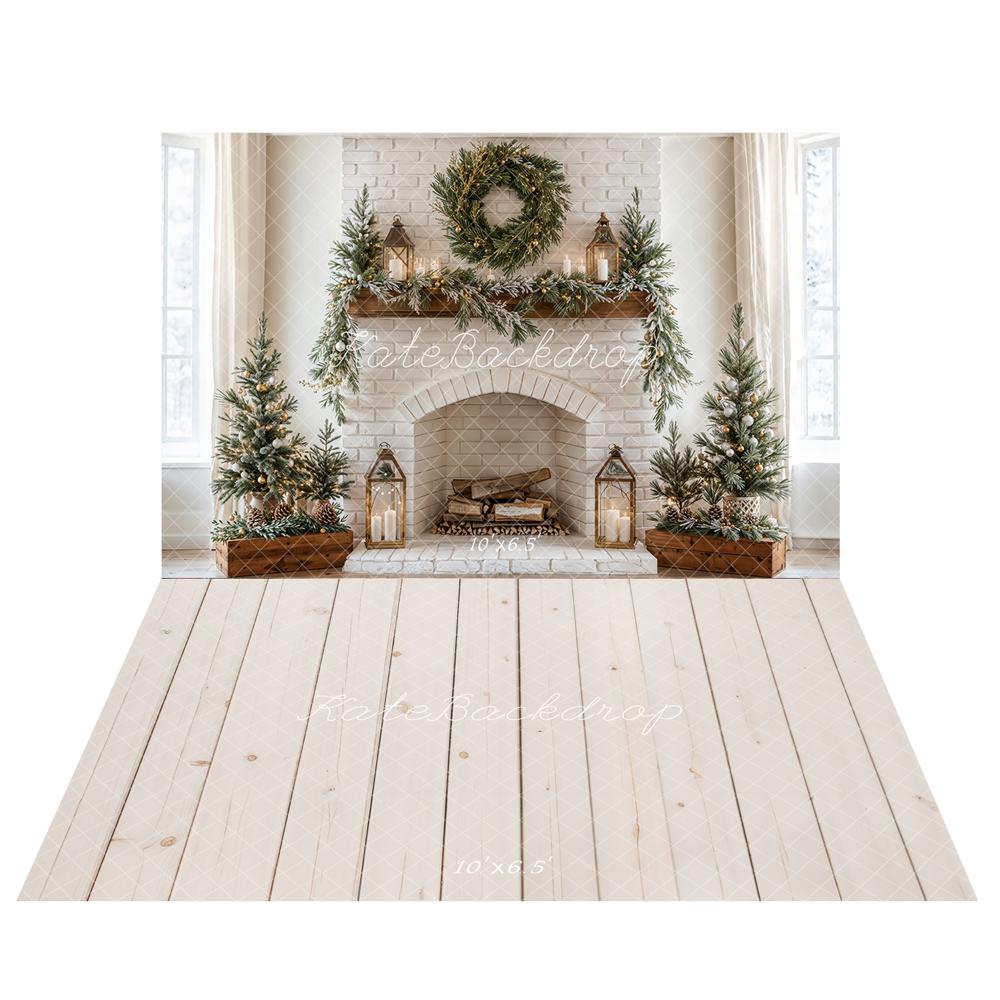 Kate Noël Cheminée Sapin Bougie Toile de fond+Beige Planche de bois Sol Toile de fond