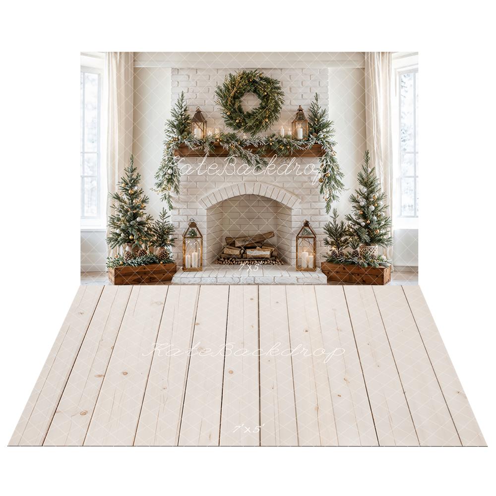Kate Noël Cheminée Sapin Bougie Toile de fond+Beige Planche de bois Sol Toile de fond