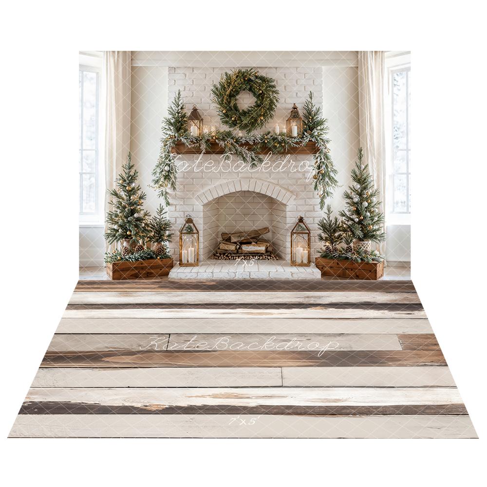 Kate Noël Cheminée Sapin Bougie Toile de fond+Bois Vieilli Beige Brun Sol Toile de fond