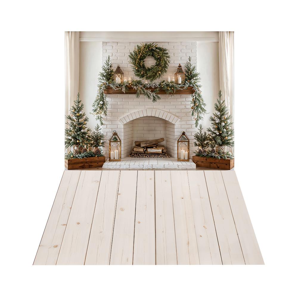 Kate Noël Cheminée Sapin Bougie Toile de fond+Beige Planche de bois Sol Toile de fond