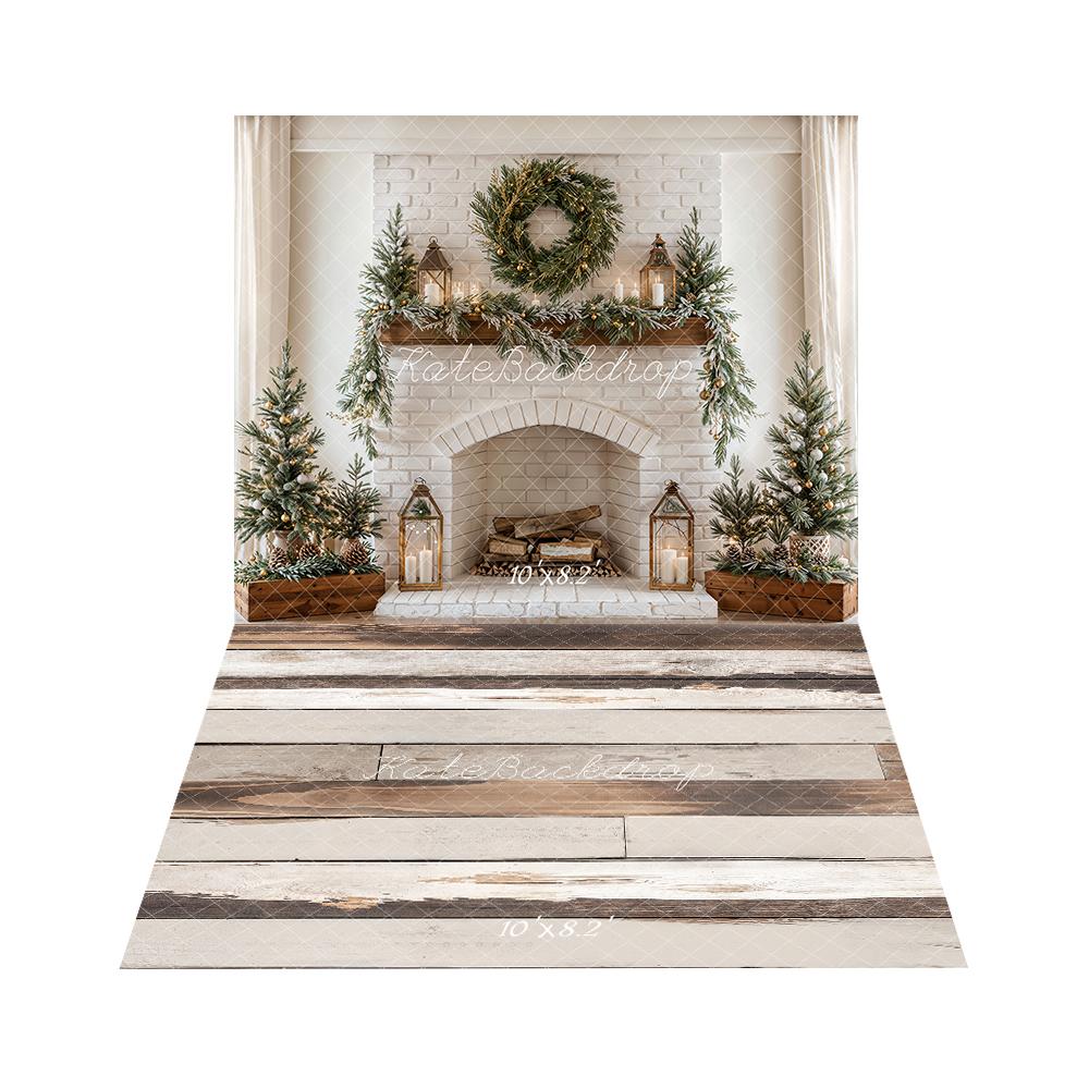 Kate Noël Cheminée Sapin Bougie Toile de fond+Bois Vieilli Beige Brun Sol Toile de fond