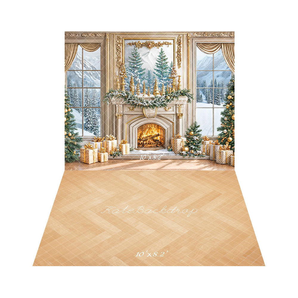 Kate Noël Salon Cheminée Montagne Toile de fond+Bois Chevron Parquet Sol Toile de fond