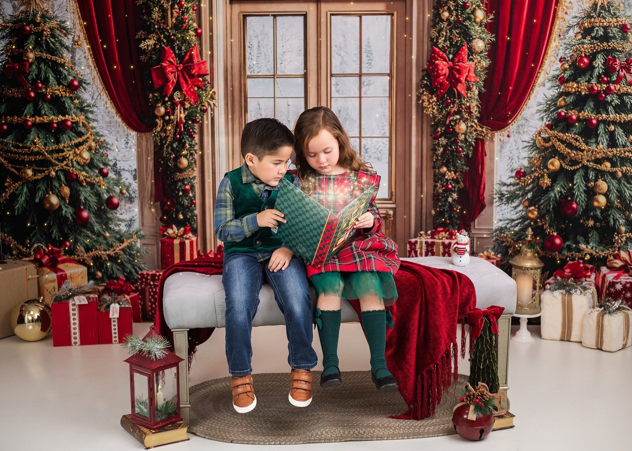 Kate Noël Sapins Fenêtre Cadeaux Rouge Toile de fond conçue par Emetselch - Kate Backdrop FR