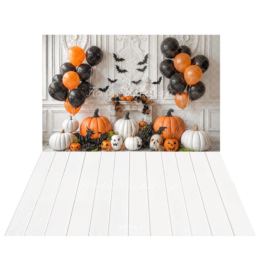Kate Halloween Citrouilles Ballons Toile de fond+Blanc Plancher en Bois Sol Toile de fond