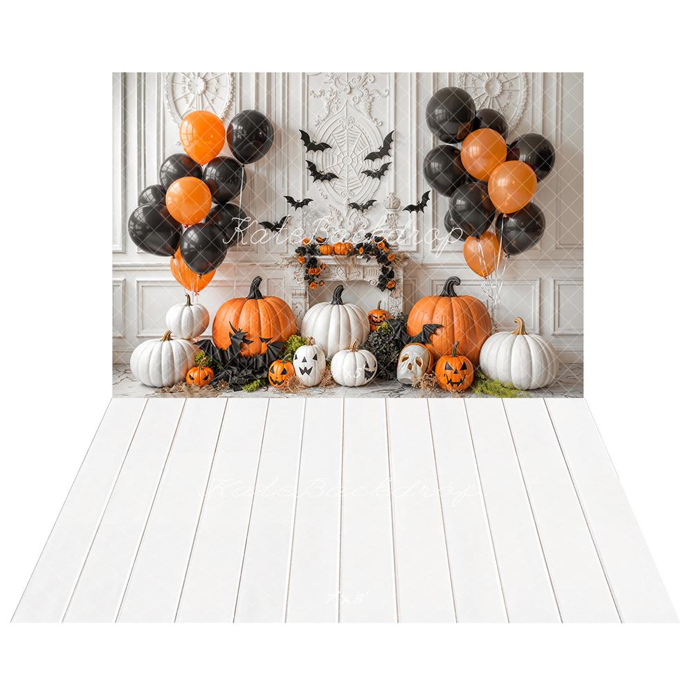 Kate Halloween Citrouilles Ballons Toile de fond+Blanc Plancher en Bois Sol Toile de fond