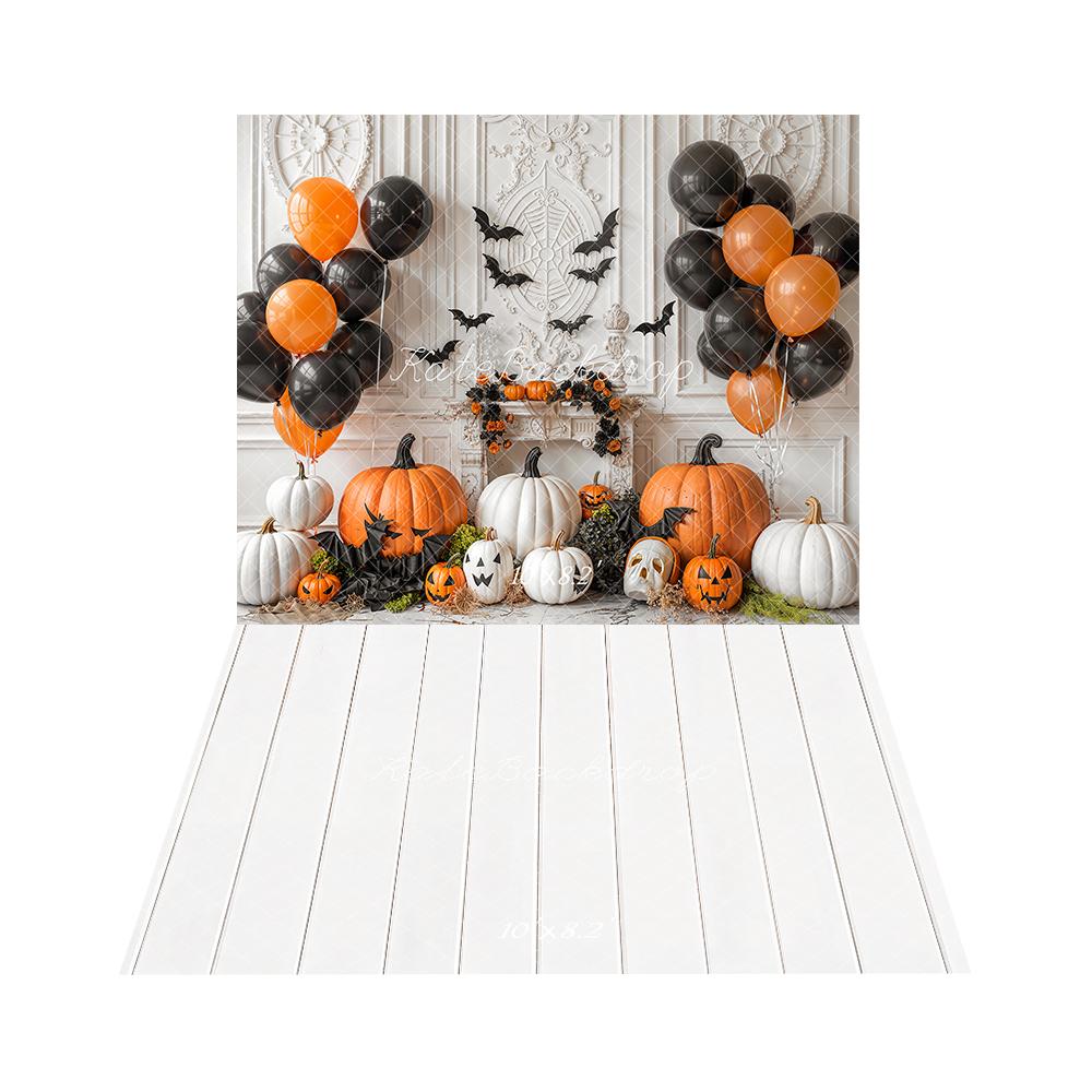 Kate Halloween Citrouilles Ballons Toile de fond+Blanc Plancher en Bois Sol Toile de fond