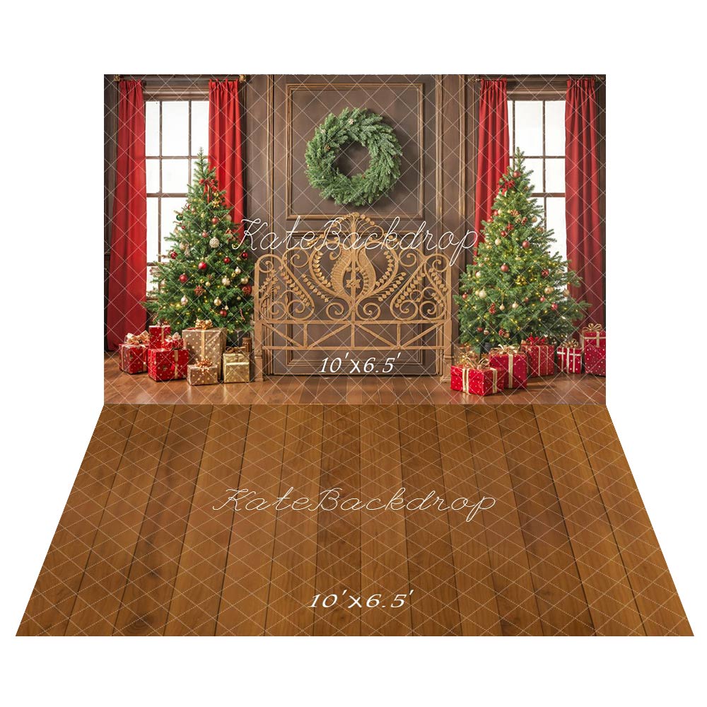 Kate Noël Sapins Tête de lit Cadeaux Toile de fond+Brun Bois Sol Toile de fond
