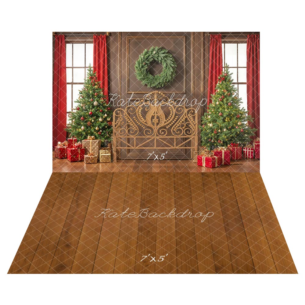 Kate Noël Sapins Tête de lit Cadeaux Toile de fond+Brun Bois Sol Toile de fond