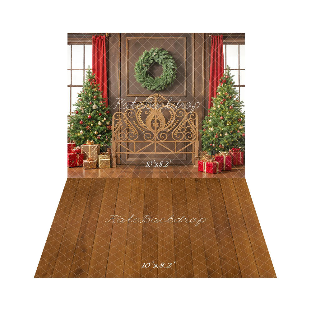 Kate Noël Sapins Tête de lit Cadeaux Toile de fond+Brun Bois Sol Toile de fond