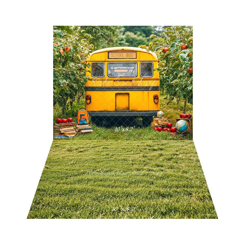 Kate Scolaire Bus Pommiers Livres Toile de fond+Vert Herbe Champ Sol Toile de fond