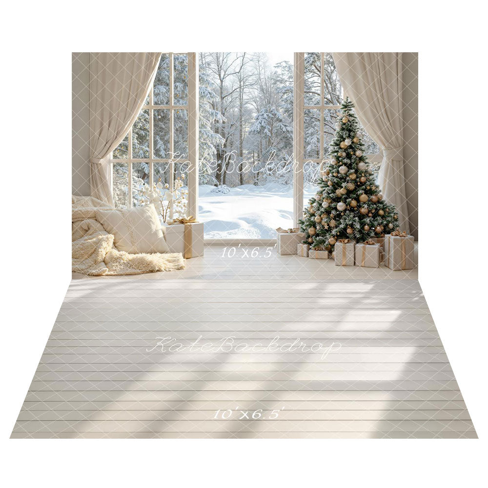 Kate Noël Arbre Cadeaux Fenêtre Hiver Toile de fond+Bois Clair Lumière Toile de fond