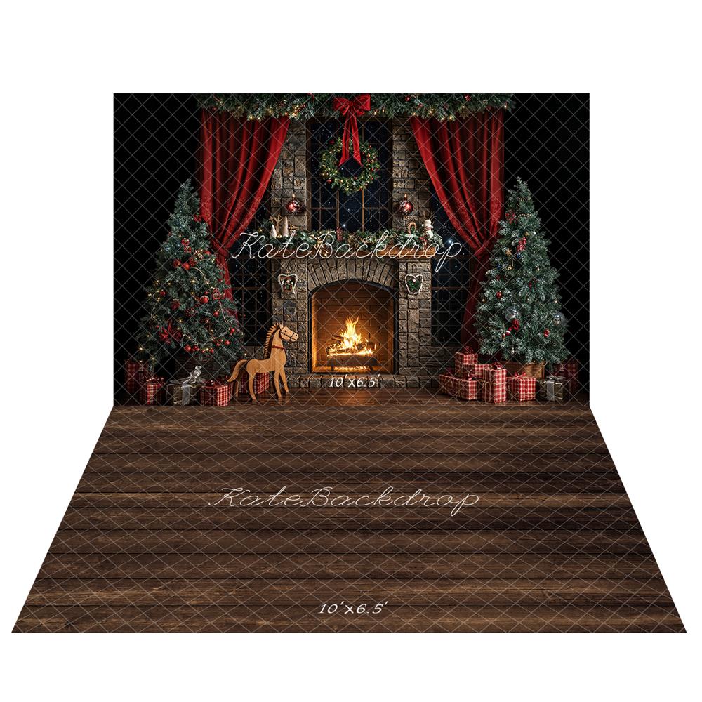 Kate Noël Cheminée Sapins Rideaux Toile de fond+Brun foncé Parquet Sol Toile de fond