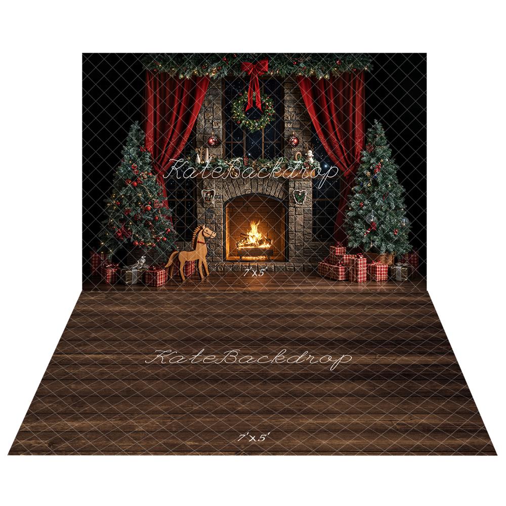 Kate Noël Cheminée Sapins Rideaux Toile de fond+Brun foncé Parquet Sol Toile de fond