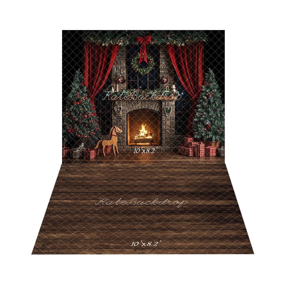 Kate Noël Cheminée Sapins Rideaux Toile de fond+Brun foncé Parquet Sol Toile de fond