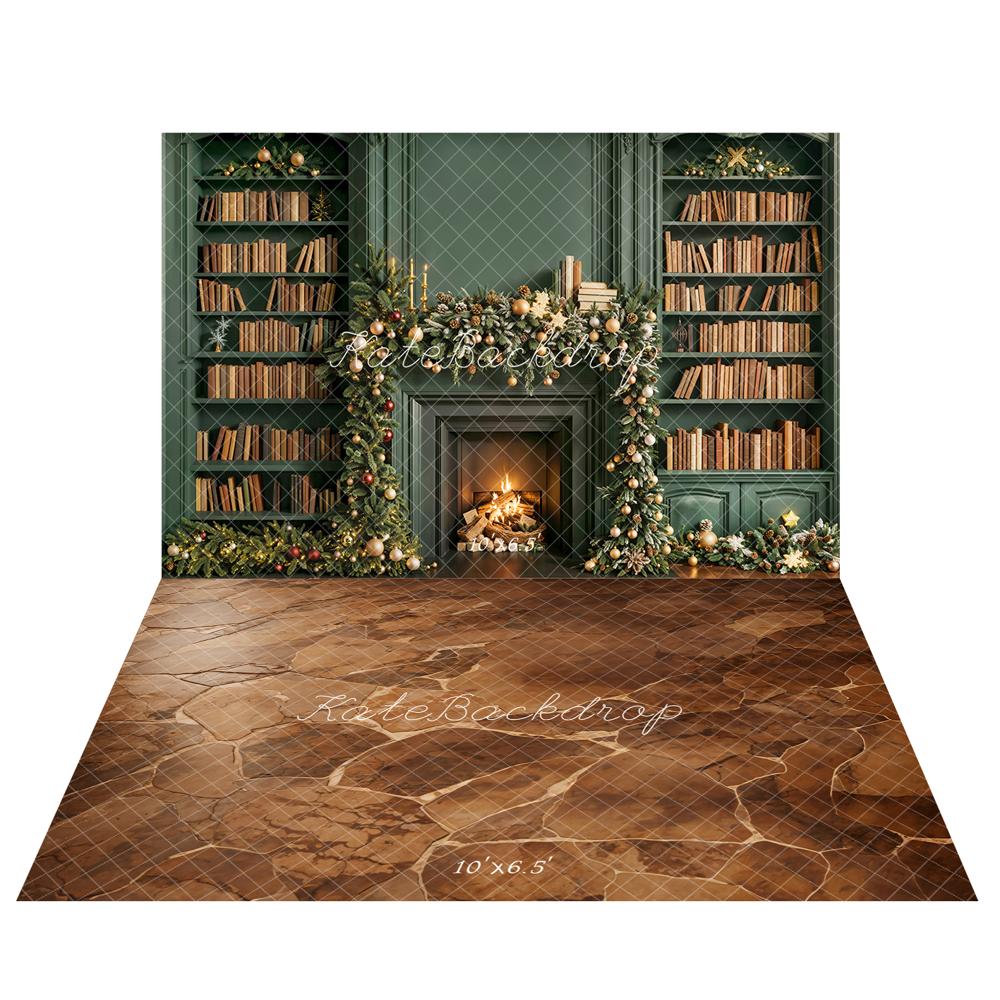 Kate Noël Bibliothèque Cheminée Vert Toile de fond+Brun Pavé Marbre Sol Toile de fond