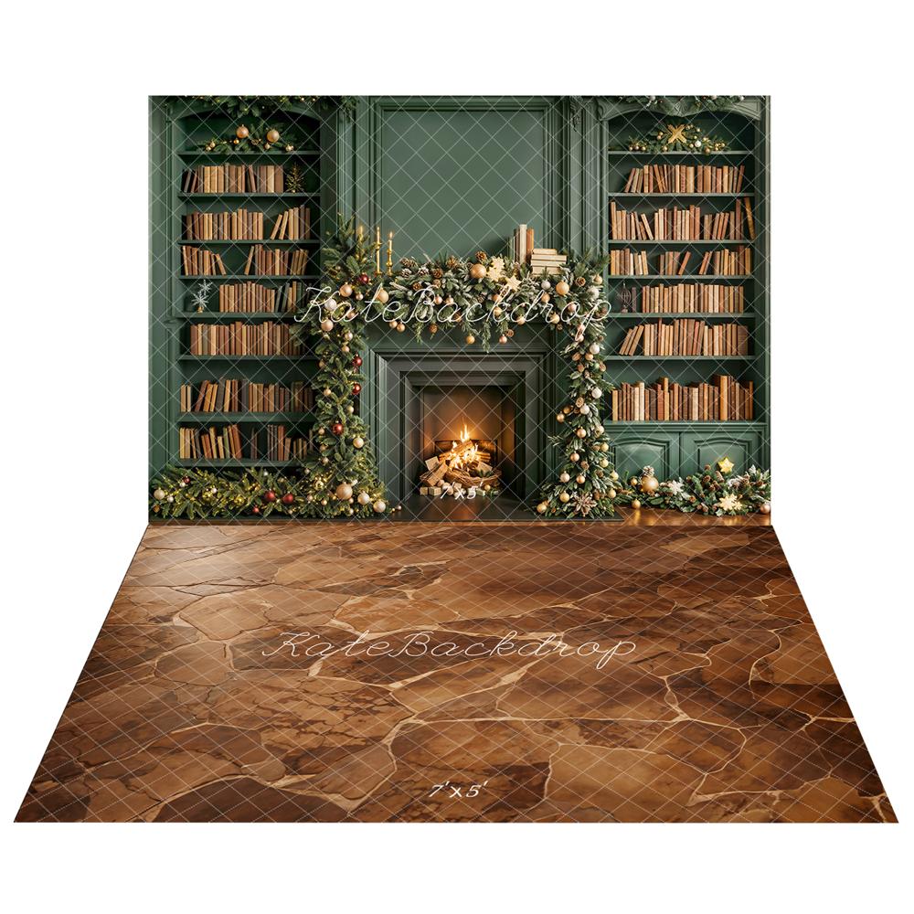 Kate Noël Bibliothèque Cheminée Vert Toile de fond+Brun Pavé Marbre Sol Toile de fond