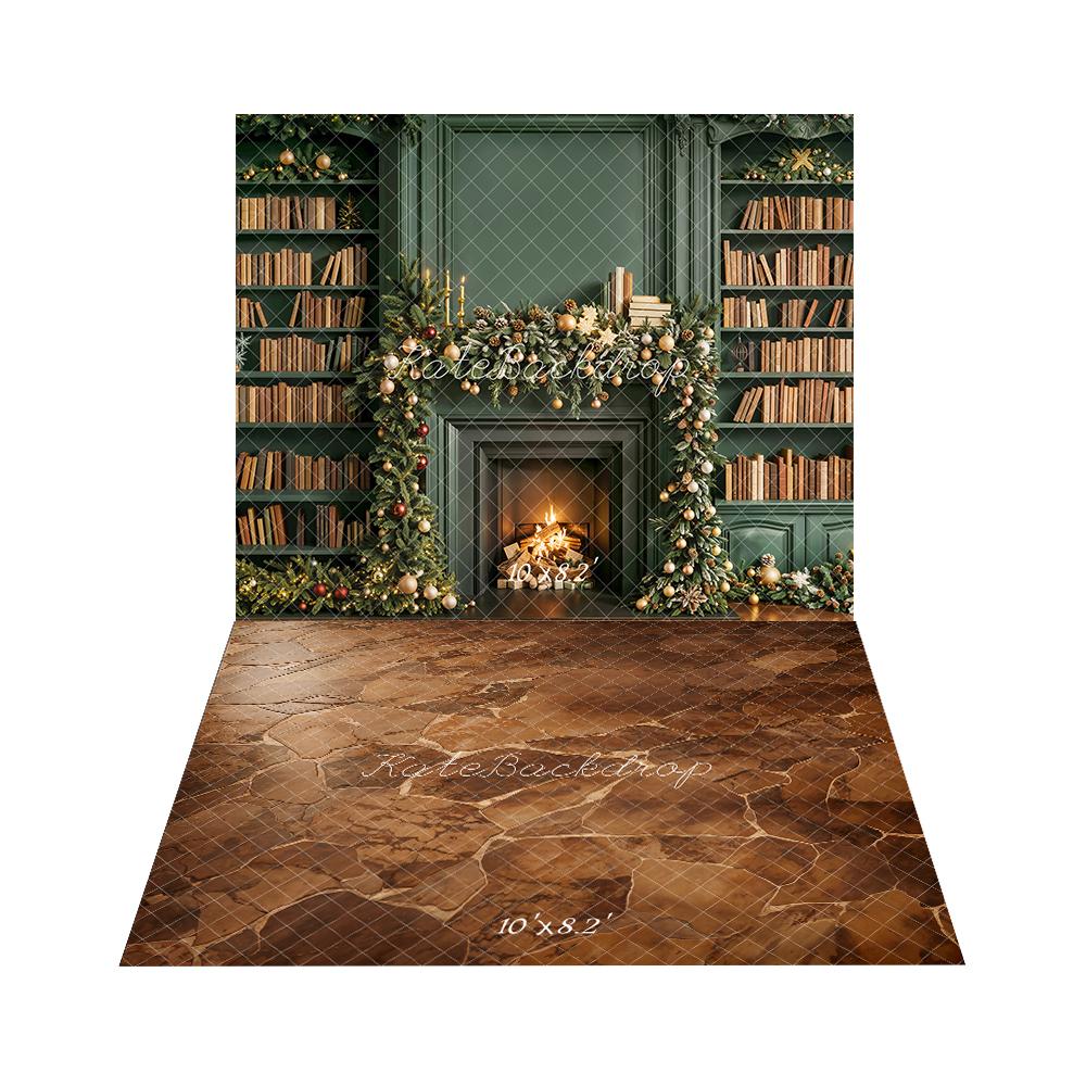 Kate Noël Bibliothèque Cheminée Vert Toile de fond+Brun Pavé Marbre Sol Toile de fond
