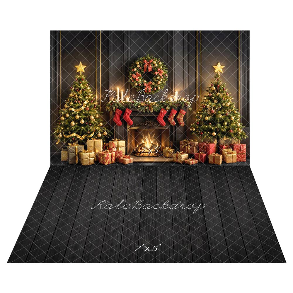 Kate Noël Sapin Cheminée Cadeaux Toile de fond+Bois Noir Lignes Verticales Sol Toile de fond