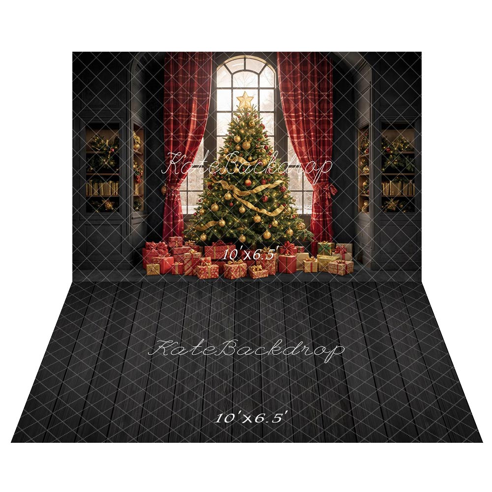 Kate Sapin de Noël Cadeaux Rideaux Toile de fond+Bois Noir Lignes Verticales Sol Toile de fond