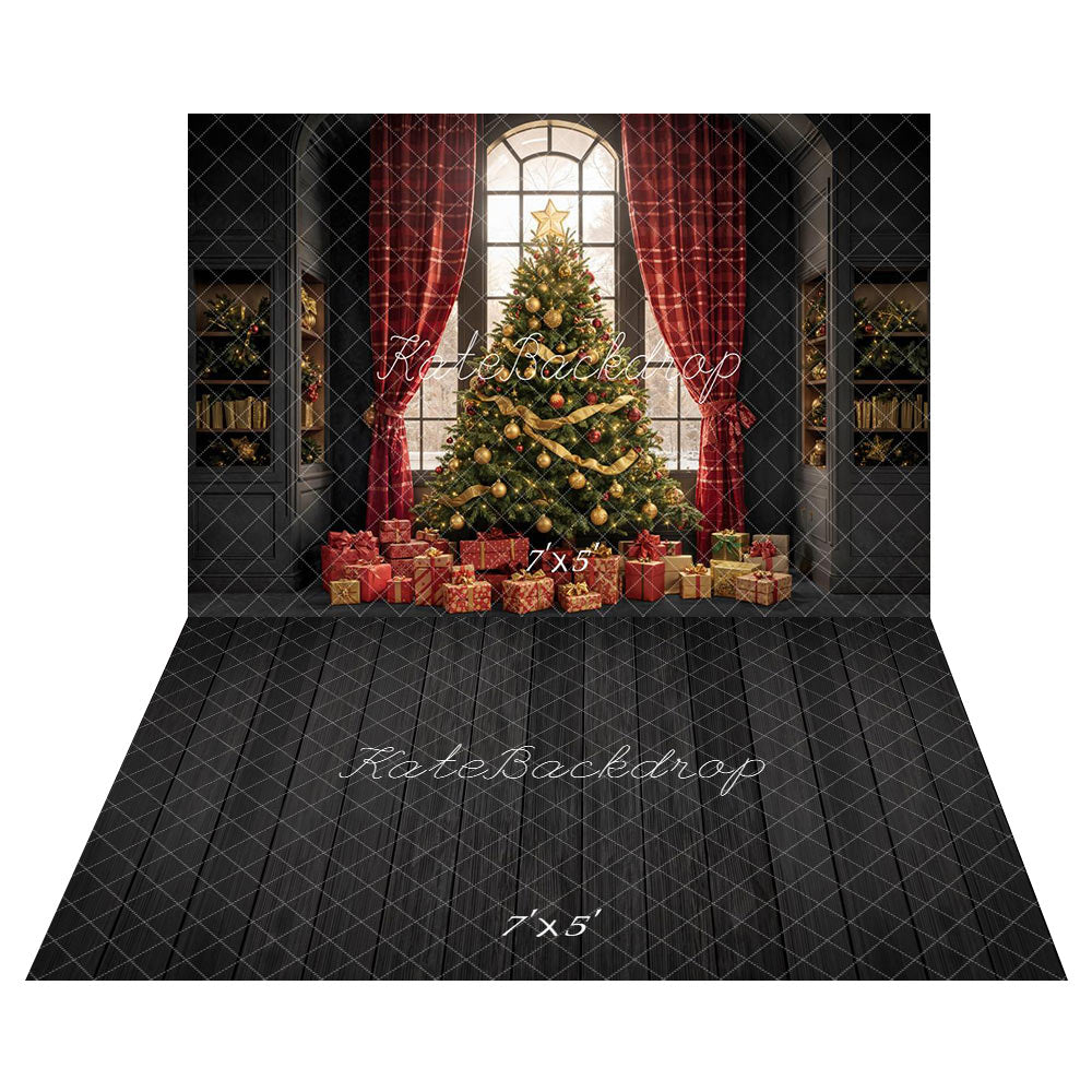 Kate Sapin de Noël Cadeaux Rideaux Toile de fond+Bois Noir Lignes Verticales Sol Toile de fond