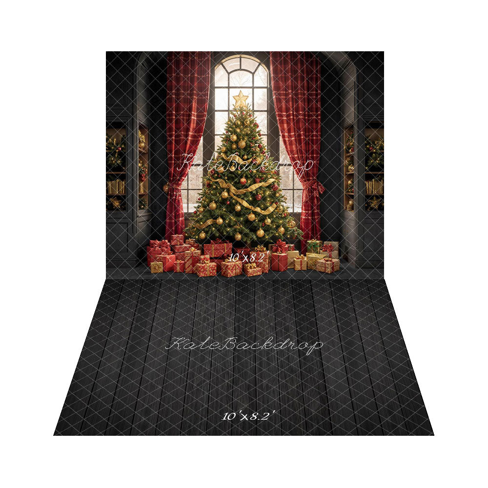 Kate Sapin de Noël Cadeaux Rideaux Toile de fond+Bois Noir Lignes Verticales Sol Toile de fond