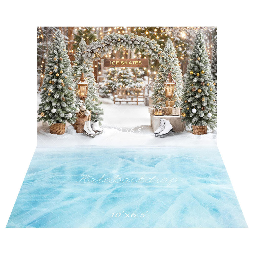 Kate Hiver Sapins Patins Arc Lumière Toile de fond+Hiver Surface Glacée Bleu Sol Toile de fond