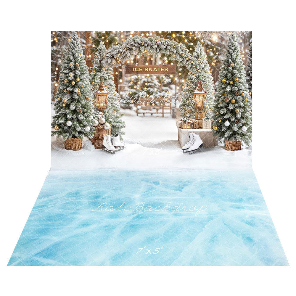 Kate Hiver Sapins Patins Arc Lumière Toile de fond+Hiver Surface Glacée Bleu Sol Toile de fond