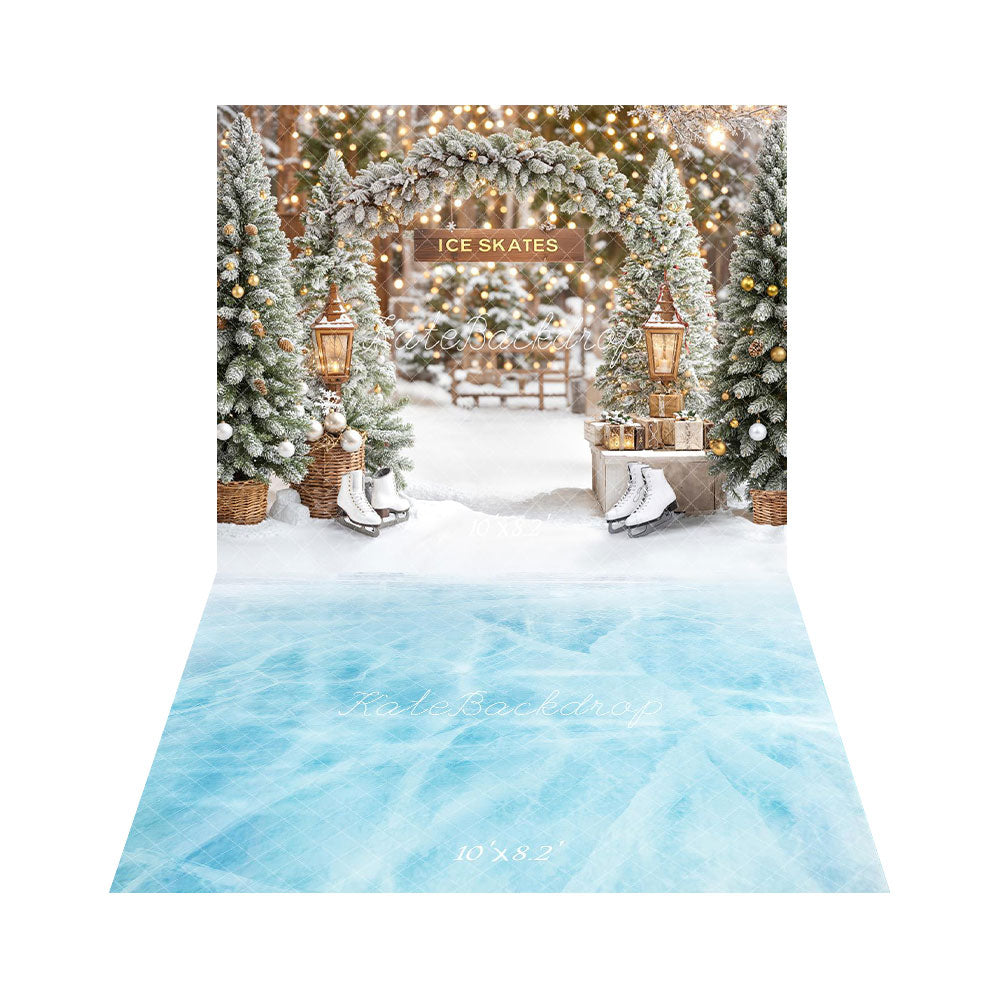 Kate Hiver Sapins Patins Arc Lumière Toile de fond+Hiver Surface Glacée Bleu Sol Toile de fond