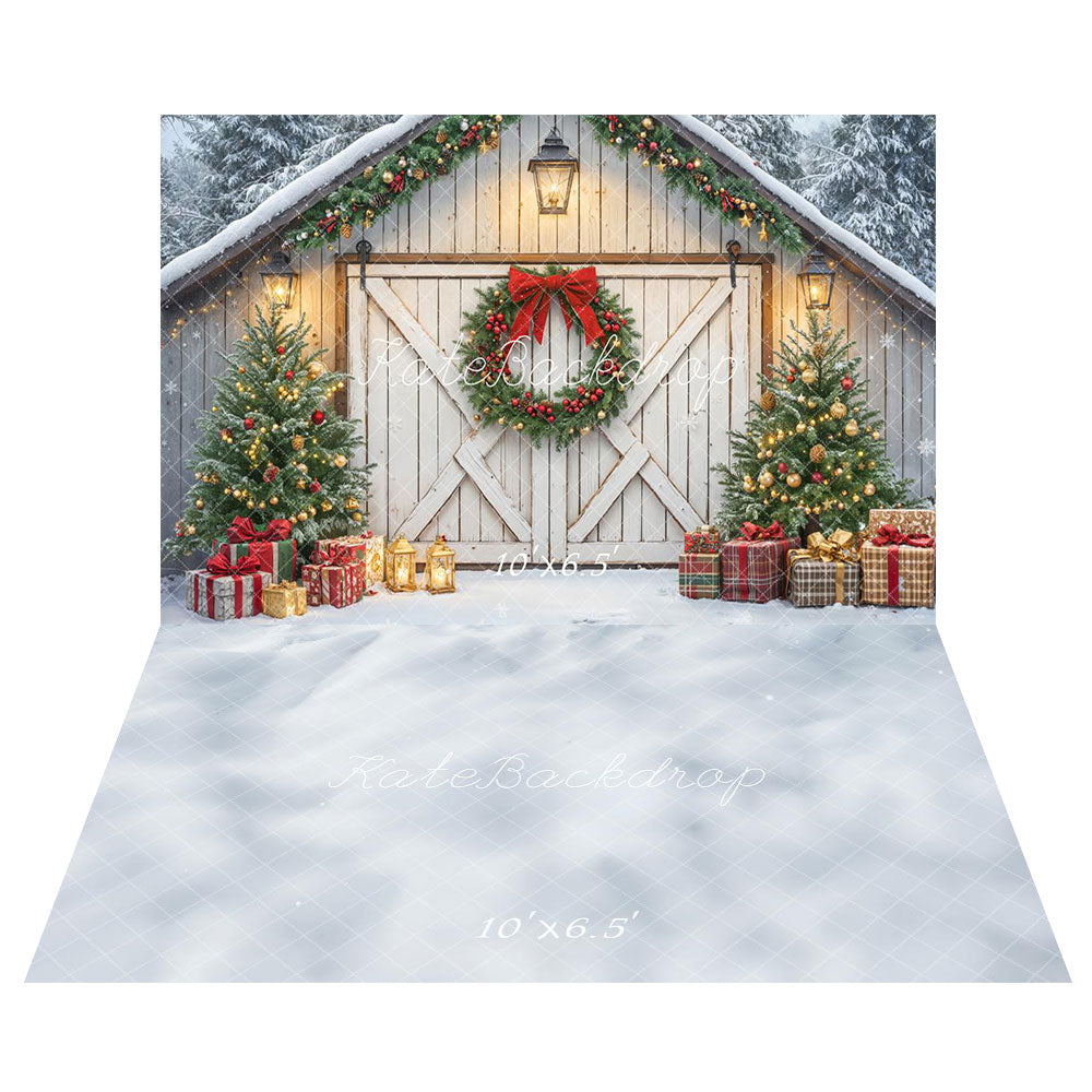 Kate Noël Grange Porte Lumière Sapins Toile de fond+Hiver Neige Blanc Sol Toile de fond