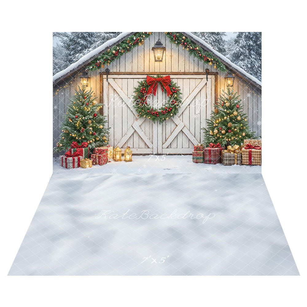 Kate Noël Grange Porte Lumière Sapins Toile de fond+Hiver Neige Blanc Sol Toile de fond