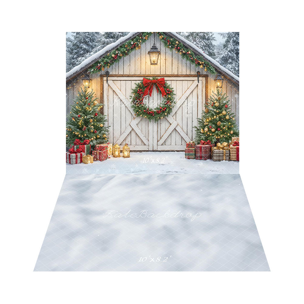 Kate Noël Grange Porte Lumière Sapins Toile de fond+Hiver Neige Blanc Sol Toile de fond