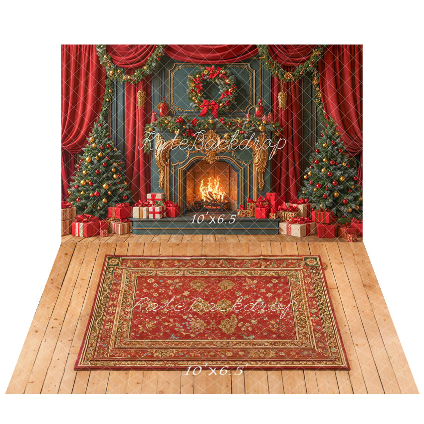 Kate Noël Cheminée Rétro Rideaux Toile de fond+Bois Tapis Floral Vintage Sol Toile de fond