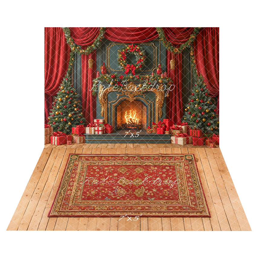 Kate Noël Cheminée Rétro Rideaux Toile de fond+Bois Tapis Floral Vintage Sol Toile de fond