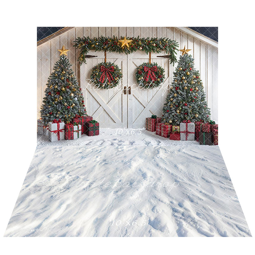 Kate Noël Sapins Cadeaux Grange Toile de fond+Hiver Neige Blanc Sol Toile de fond - Kate Backdrop FR