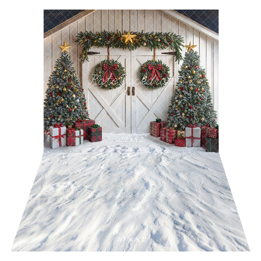Kate Noël Sapins Cadeaux Grange Toile de fond+Hiver Neige Blanc Sol Toile de fond - Kate Backdrop FR